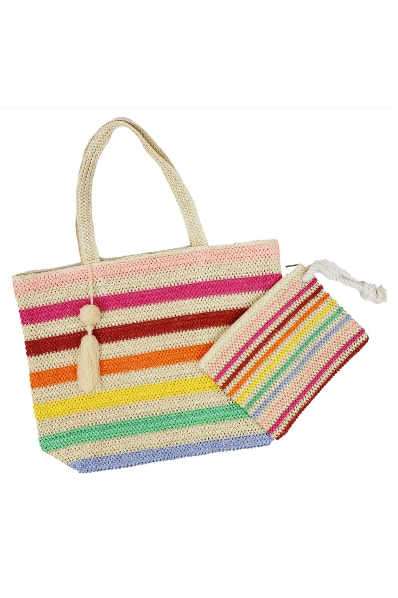 MB0205 Amara Rainbow Crochet Tote Bag With Tassel - MiMi Wholesale