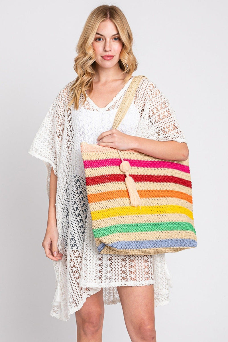 MB0205 Amara Rainbow Crochet Tote Bag With Tassel - MiMi Wholesale