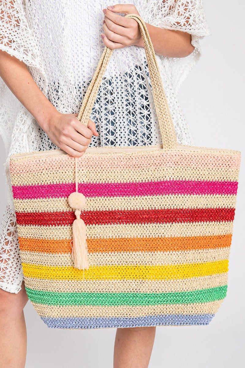 MB0205 Amara Rainbow Crochet Tote Bag With Tassel - MiMi Wholesale