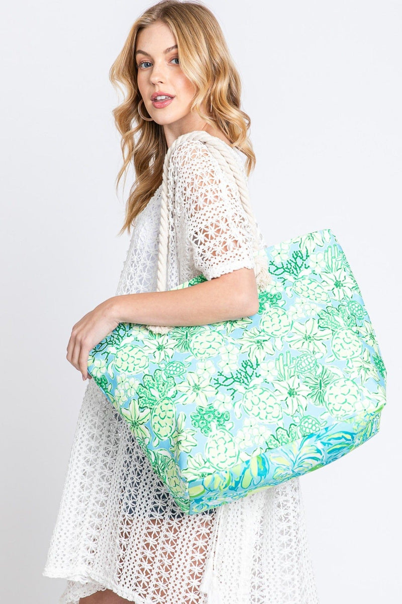 MB0223 Hand Drawn Turtle Print Beach Tote Bag - MiMi Wholesale