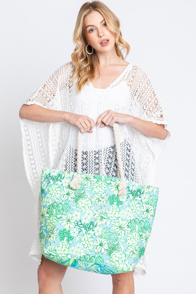 MB0223 Hand Drawn Turtle Print Beach Tote Bag - MiMi Wholesale