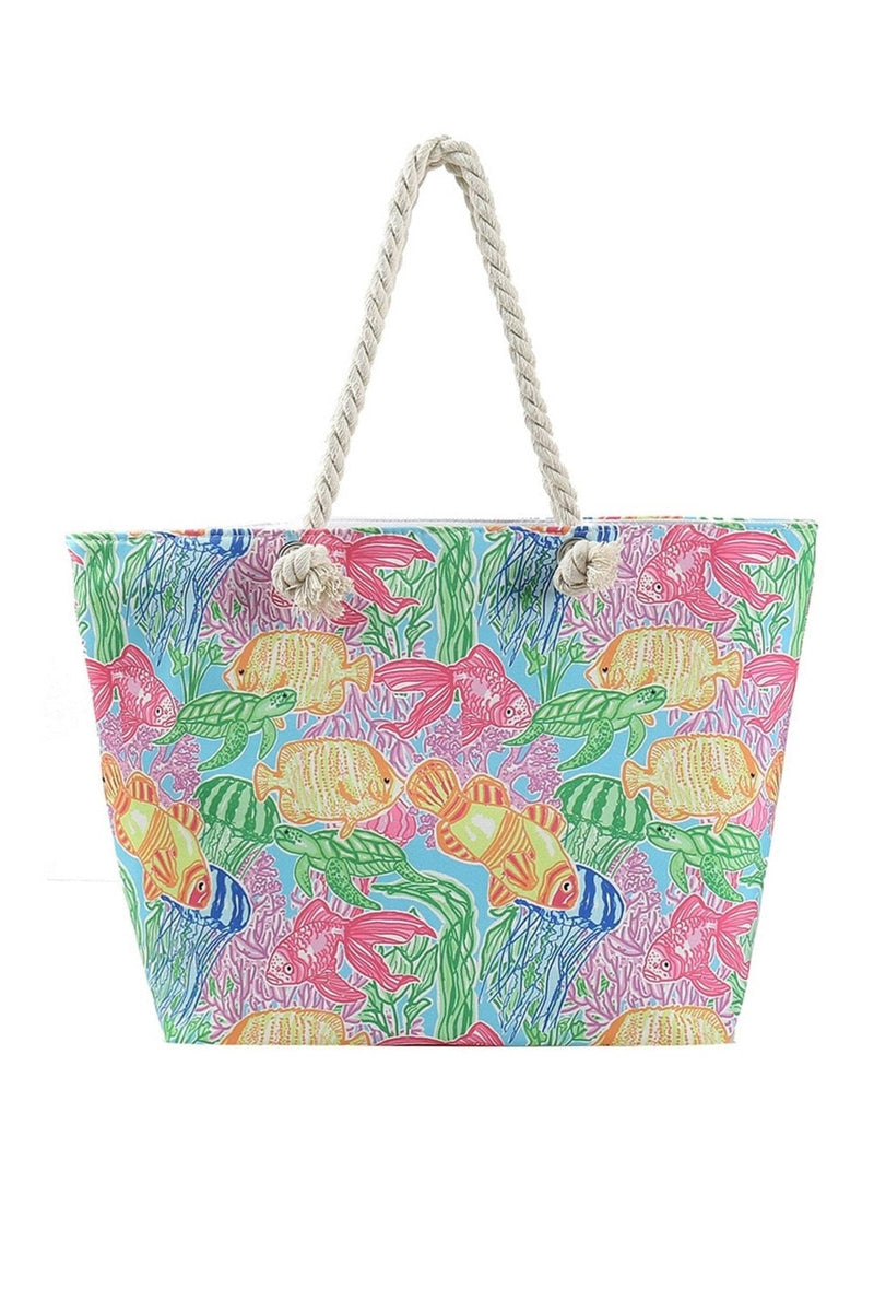 MB0225 Hand Drawn Fish Print Beach Tote Bag - MiMi Wholesale