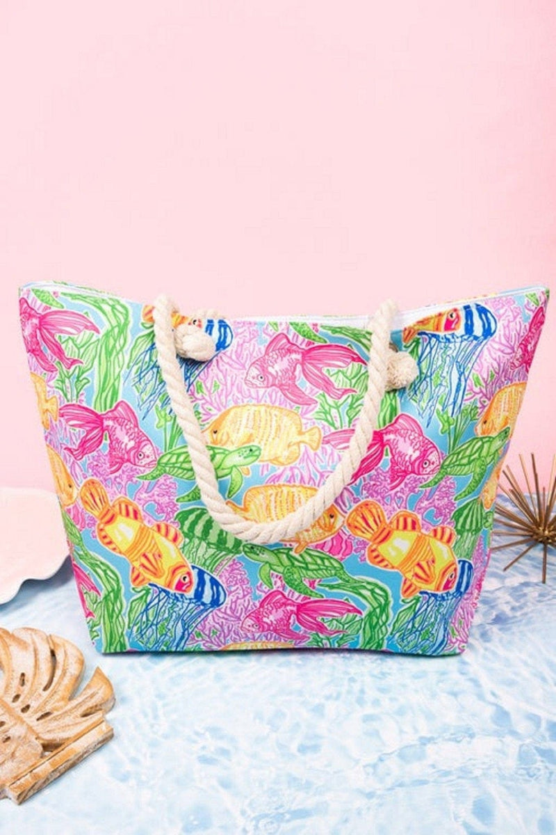 MB0225 Hand Drawn Fish Print Beach Tote Bag - MiMi Wholesale