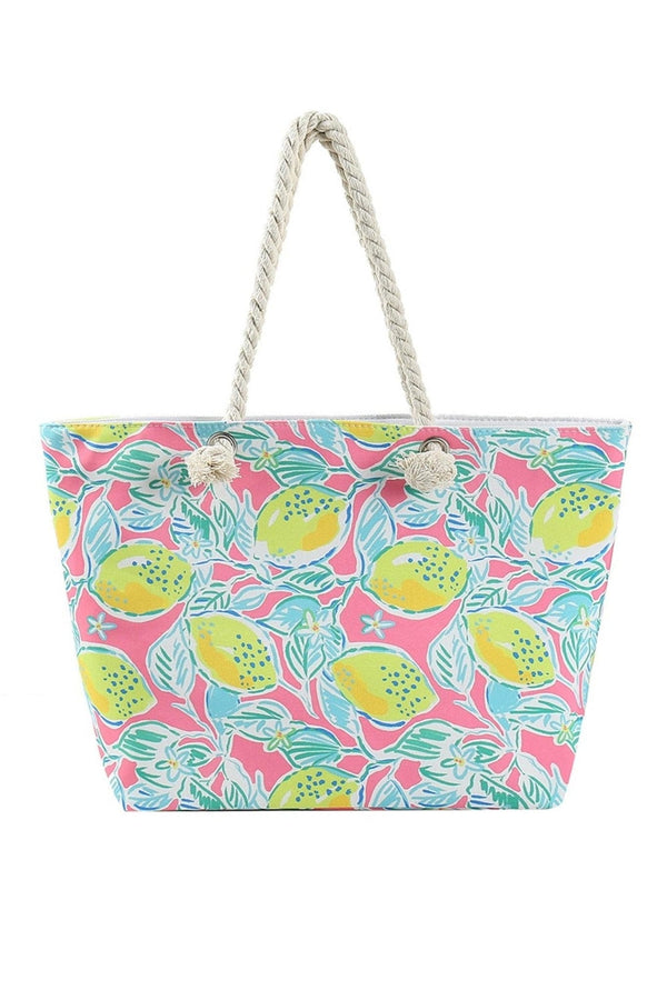 MB0228 Hand Drawn Lemon Print Beach Tote Bag - MiMi Wholesale