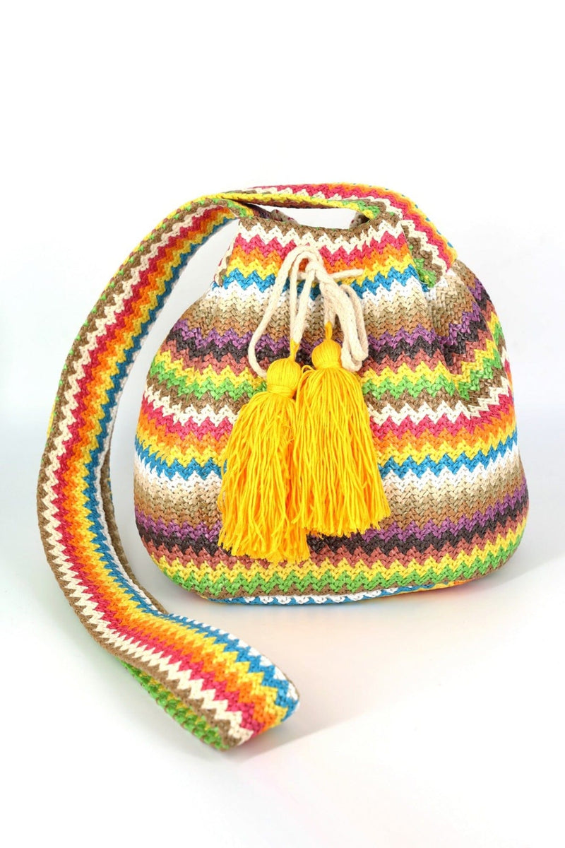 MB0234 Ayla Multi Color Chevron Straw Bucket Bag - MiMi Wholesale