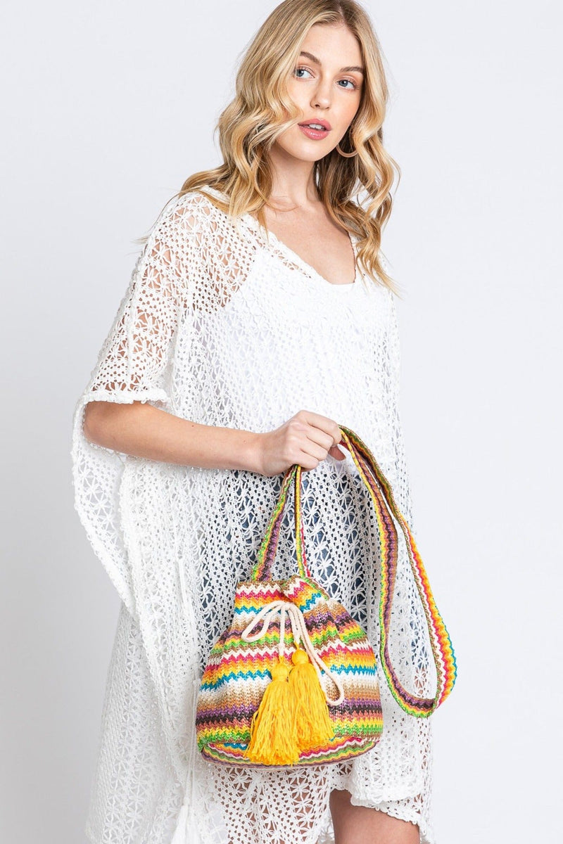 MB0234 Ayla Multi Color Chevron Straw Bucket Bag - MiMi Wholesale