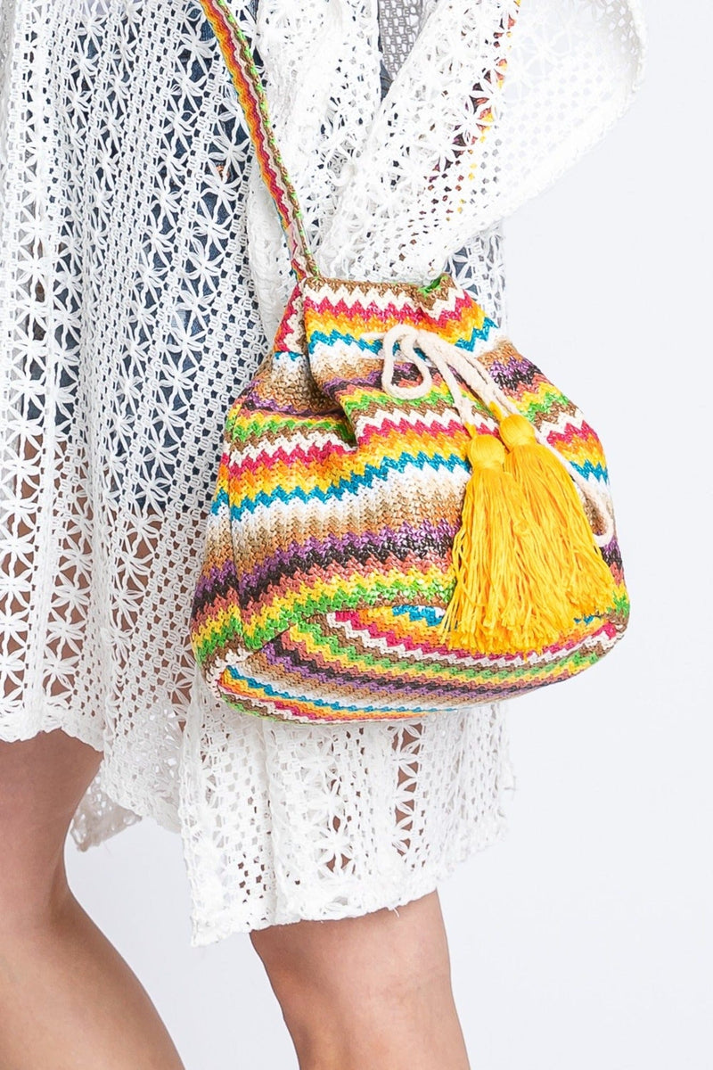 MB0234 Ayla Multi Color Chevron Straw Bucket Bag - MiMi Wholesale