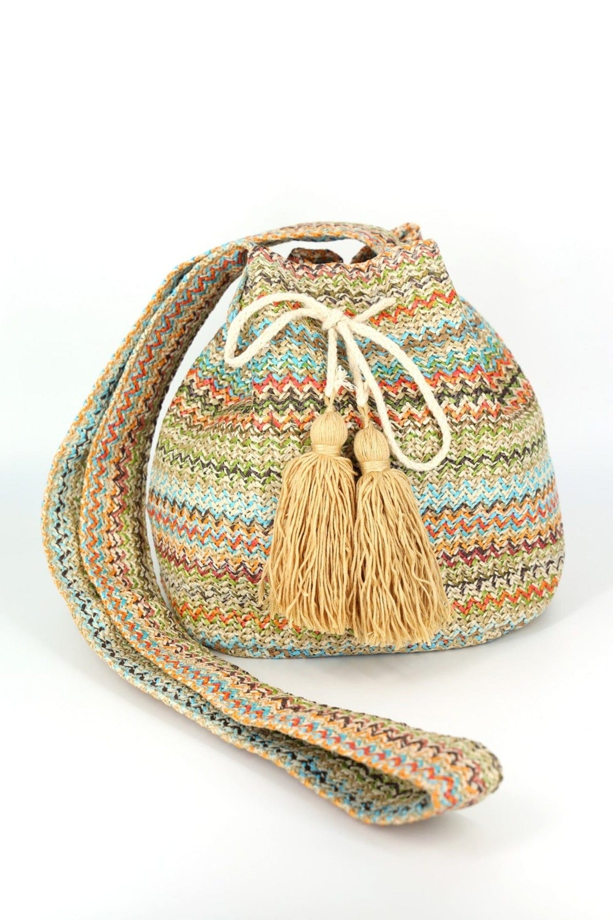 MB0235 Aspen Multi Color Chevron Straw Bucket Bag - MiMi Wholesale