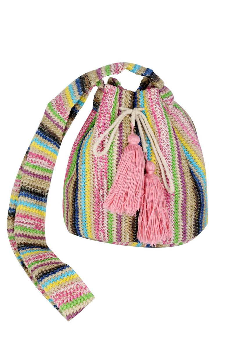 MB0236 Harmony Multi Color Striped Straw Bucket Bag - MiMi Wholesale