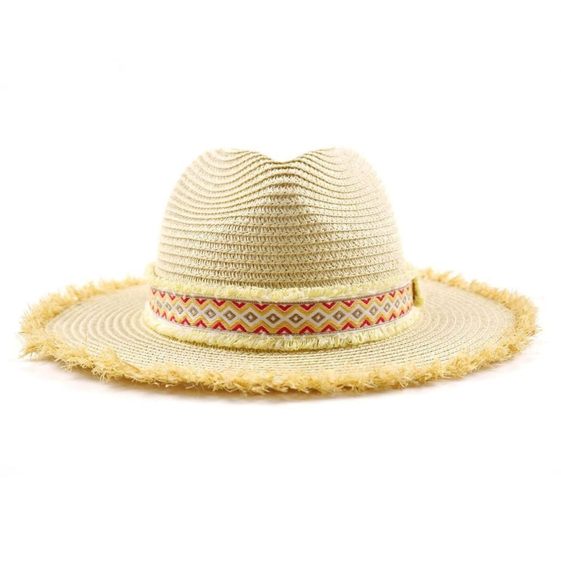 MH0036 Frayed Trim Aztec Banded Straw Hat - MiMi Wholesale