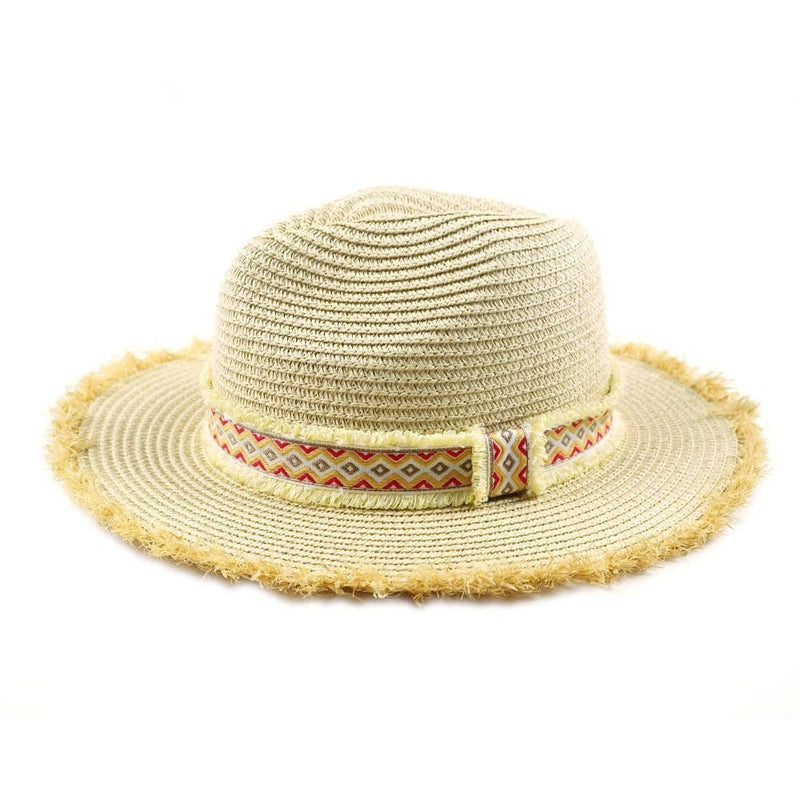 MH0036 Frayed Trim Aztec Banded Straw Hat - MiMi Wholesale