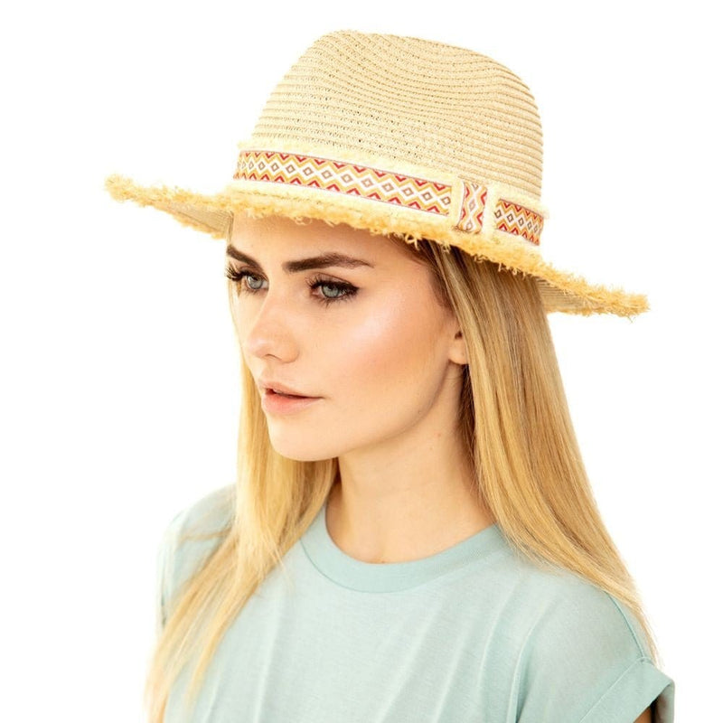 MH0036 Frayed Trim Aztec Banded Straw Hat - MiMi Wholesale