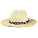 MH0038 Frayed Trim Aztec Banded Straw Hat - MiMi Wholesale