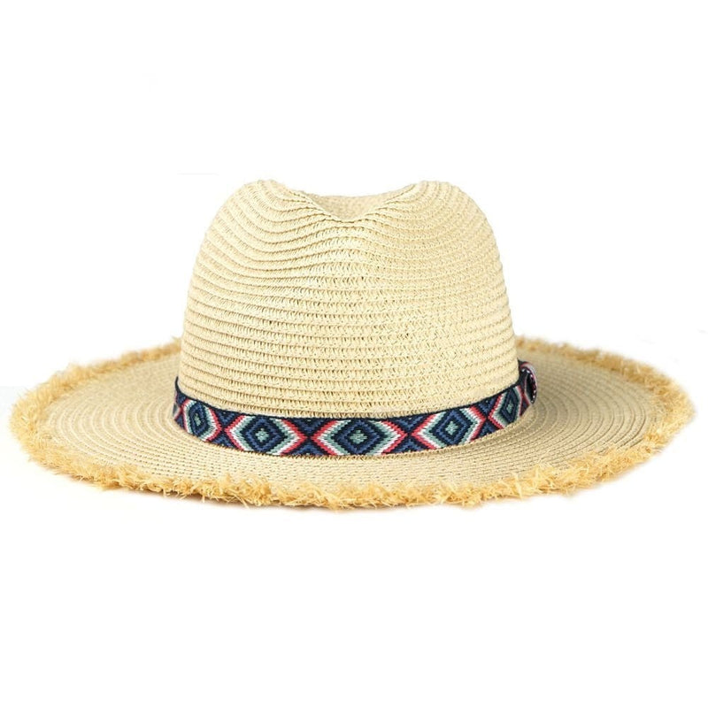 MH0038 Frayed Trim Aztec Banded Straw Hat - MiMi Wholesale