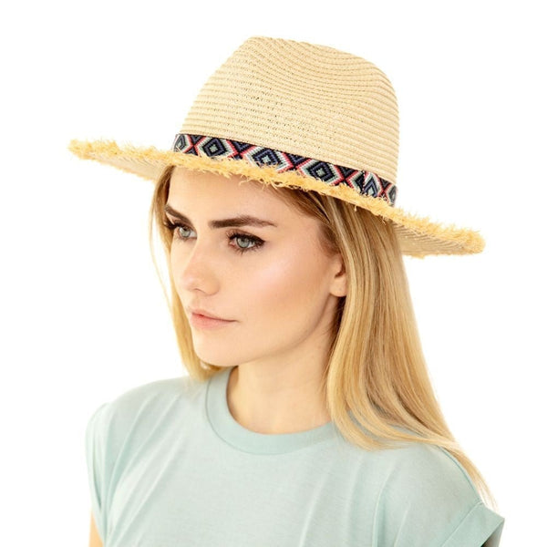 MH0038 Frayed Trim Aztec Banded Straw Hat - MiMi Wholesale