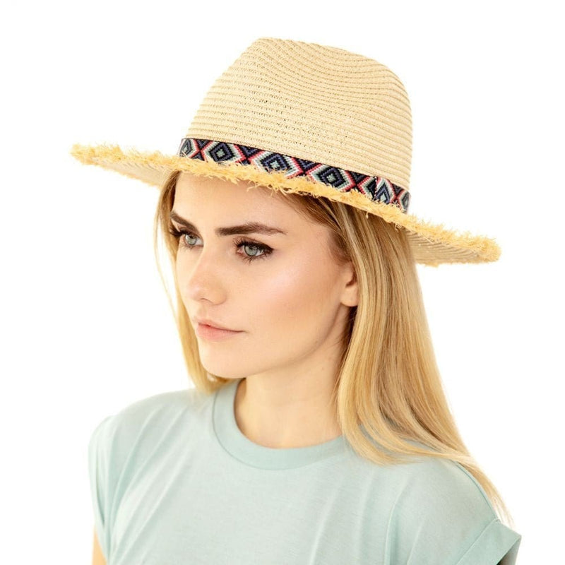 MH0038 Frayed Trim Aztec Banded Straw Hat - MiMi Wholesale