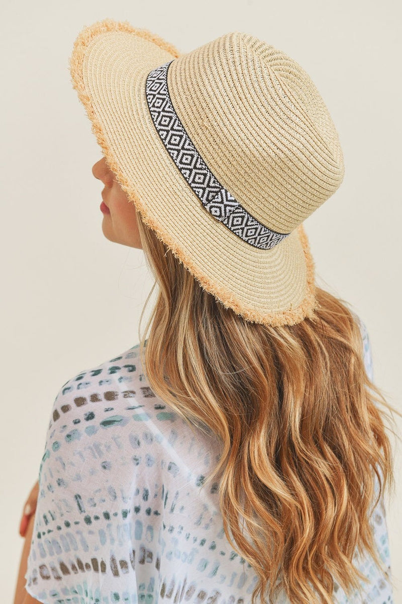 MH0039 Frayed Trim Aztec Banded Straw Hat - MiMi Wholesale