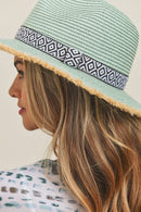 MH0039 Frayed Trim Aztec Banded Straw Hat - MiMi Wholesale