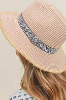 MH0039 Frayed Trim Aztec Banded Straw Hat - MiMi Wholesale