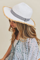MH0039 Frayed Trim Aztec Banded Straw Hat - MiMi Wholesale