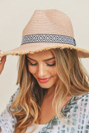 MH0039 Frayed Trim Aztec Banded Straw Hat - MiMi Wholesale