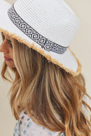 MH0039 Frayed Trim Aztec Banded Straw Hat - MiMi Wholesale