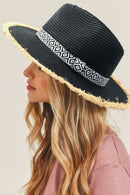 MH0039 Frayed Trim Aztec Banded Straw Hat - MiMi Wholesale