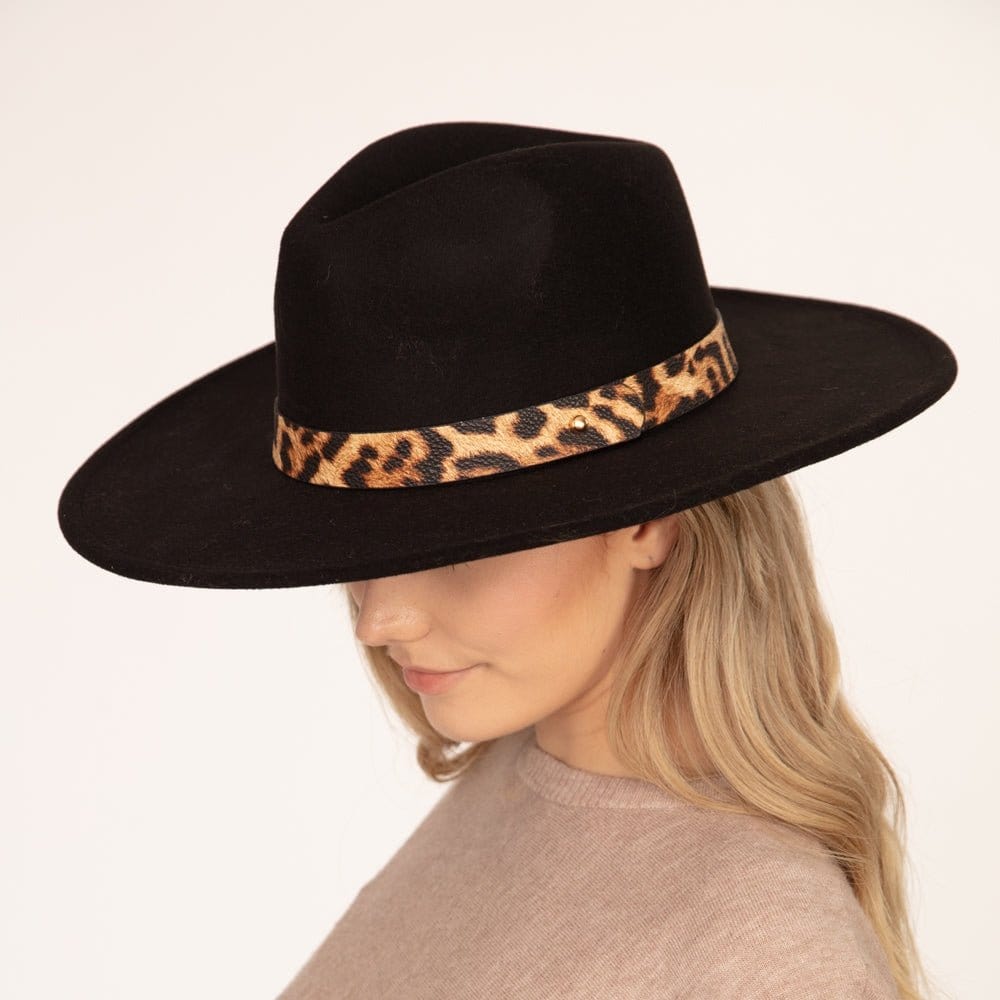 MH0047 Fedora Leopard Band Trim Felt Hat - MiMi Wholesale