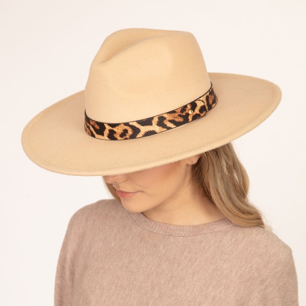 MH0047 Fedora Leopard Band Trim Felt Hat - MiMi Wholesale