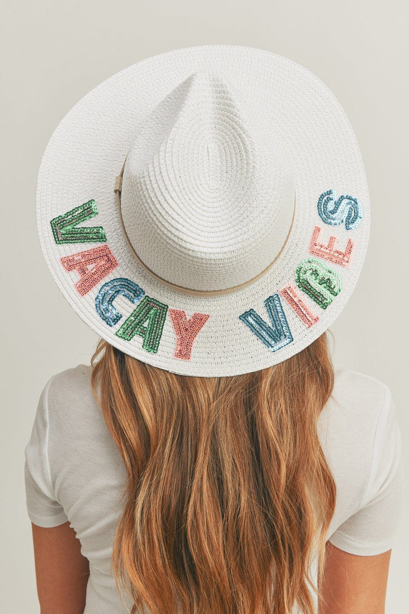 MH0117 Sequin Letter "Vacay Vibe" Panama Hat - MiMi Wholesale