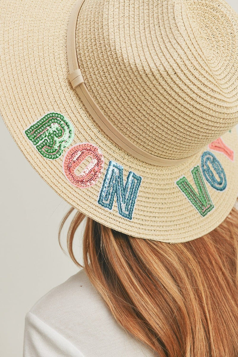 MH0118 Sequin Letter "Bon Voyage" Panama Hat - MiMi Wholesale