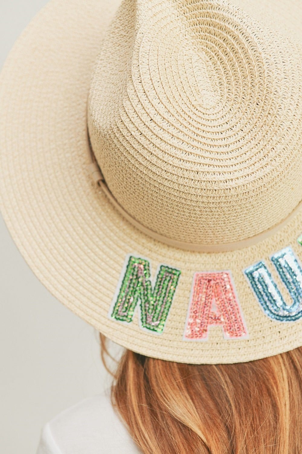 MH0119 Sequin Letter "Nauti" Panama Hat - MiMi Wholesale