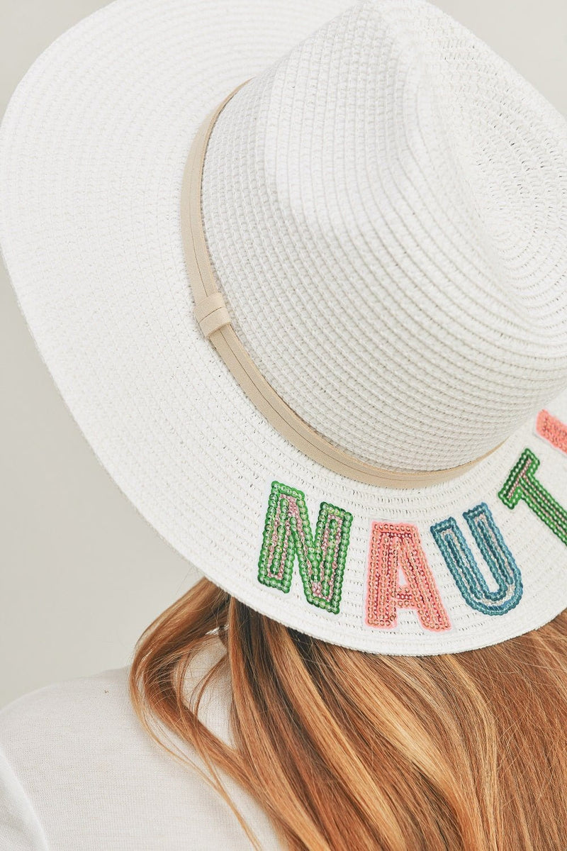 MH0119 Sequin Letter "Nauti" Panama Hat - MiMi Wholesale