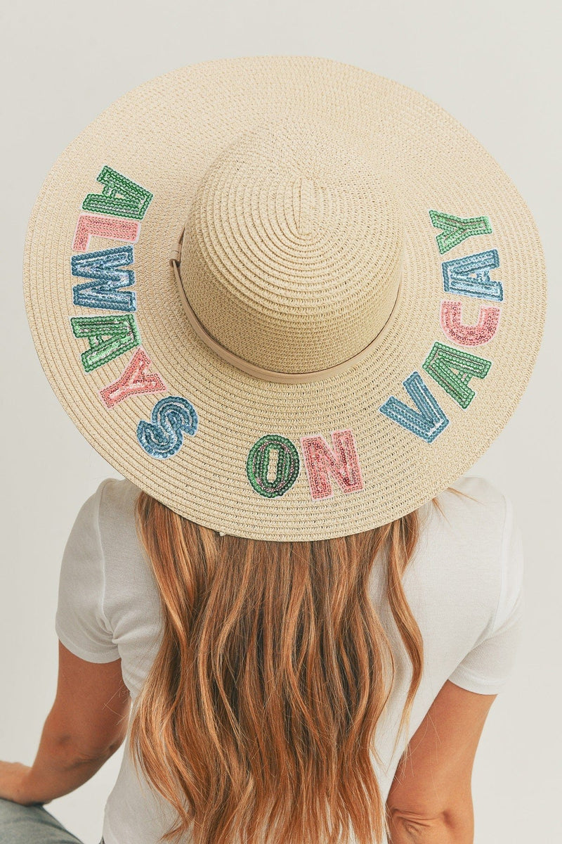 MH0120 Sequin Letter "Always on Vacay" Floppy Hat - MiMi Wholesale