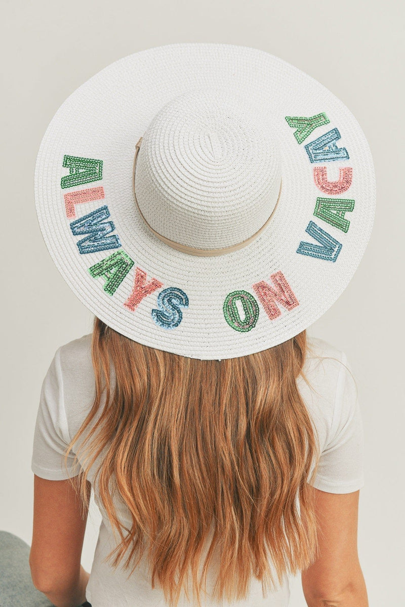 MH0120 Sequin Letter "Always on Vacay" Floppy Hat - MiMi Wholesale