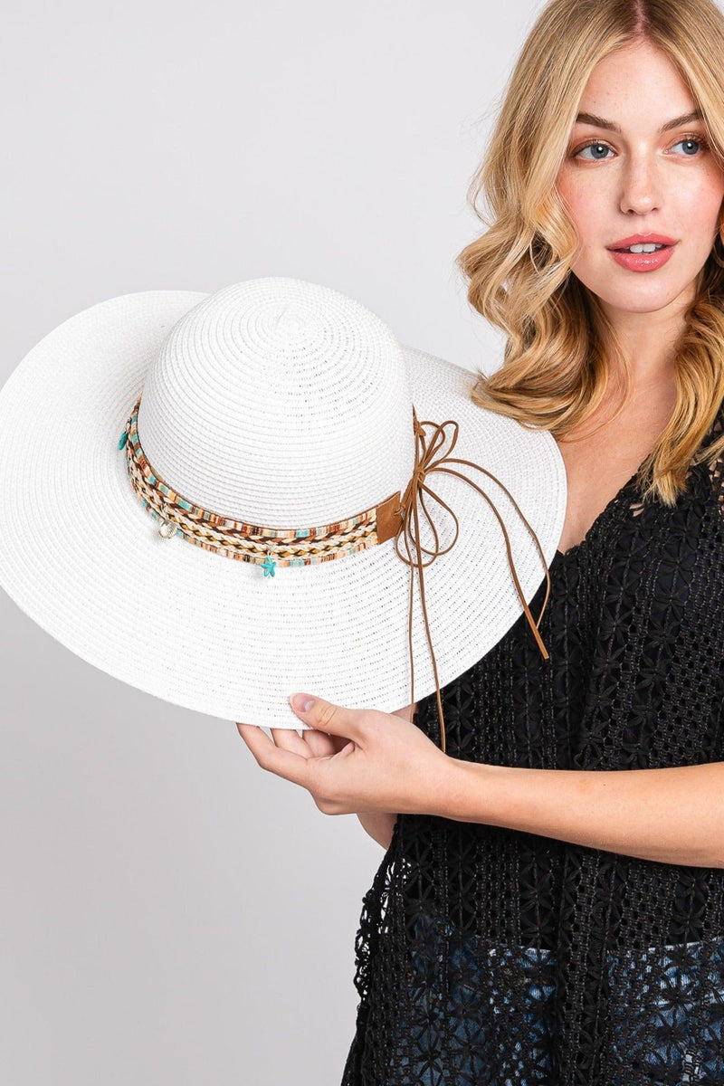 MH0161 Jayda Floppy Straw Hat With Boho/Sealife Band - MiMi Wholesale