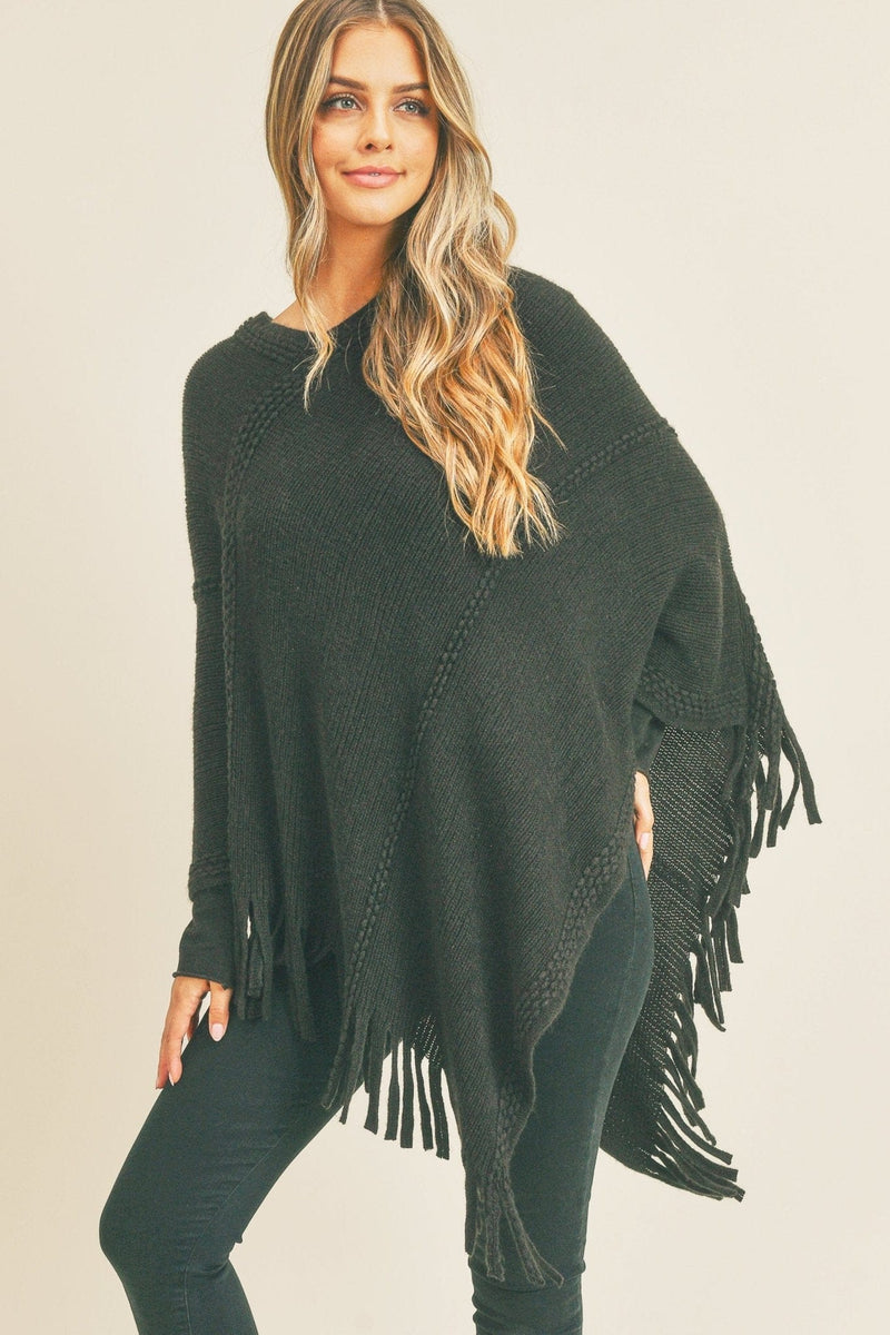 MS0272 Sandy Embossed Line Tassel Poncho - MiMi Wholesale