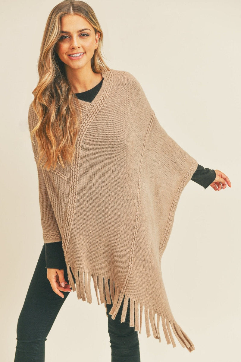 MS0272 Sandy Embossed Line Tassel Poncho - MiMi Wholesale