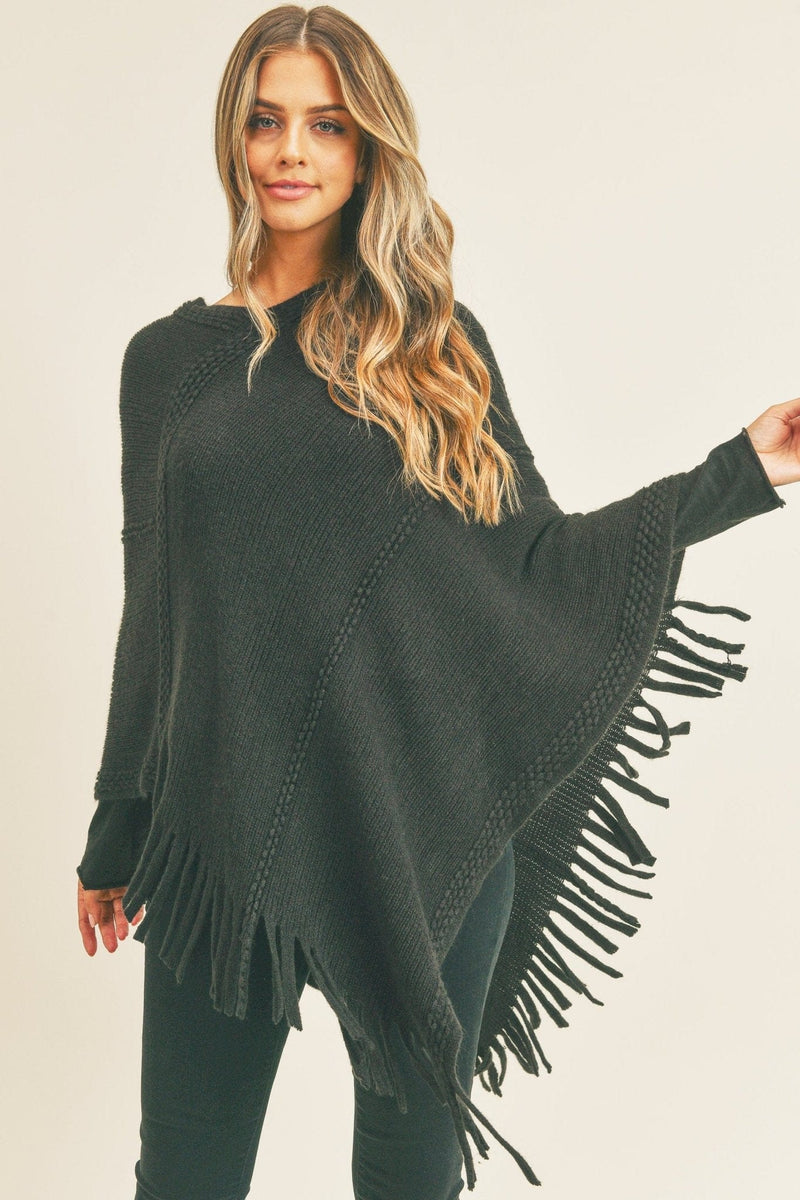 MS0272 Sandy Embossed Line Tassel Poncho - MiMi Wholesale