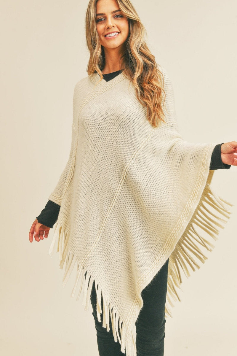 MS0272 Sandy Embossed Line Tassel Poncho - MiMi Wholesale