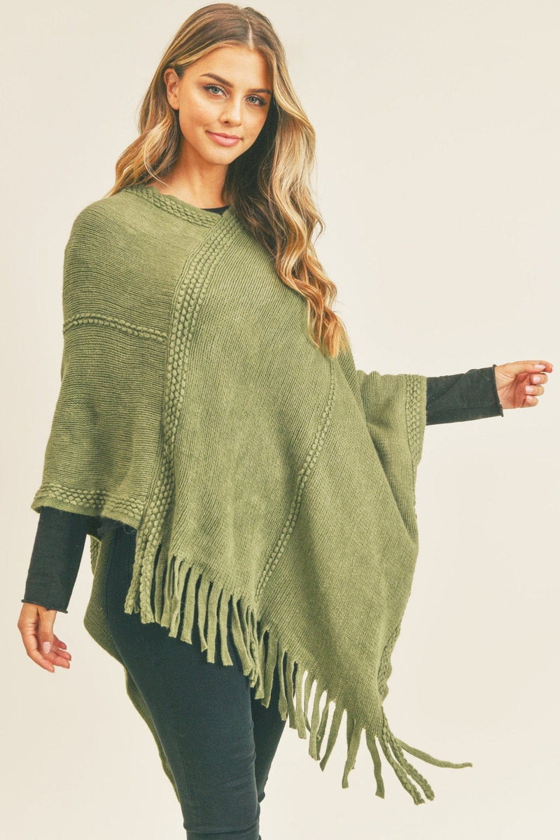 MS0272 Sandy Embossed Line Tassel Poncho - MiMi Wholesale