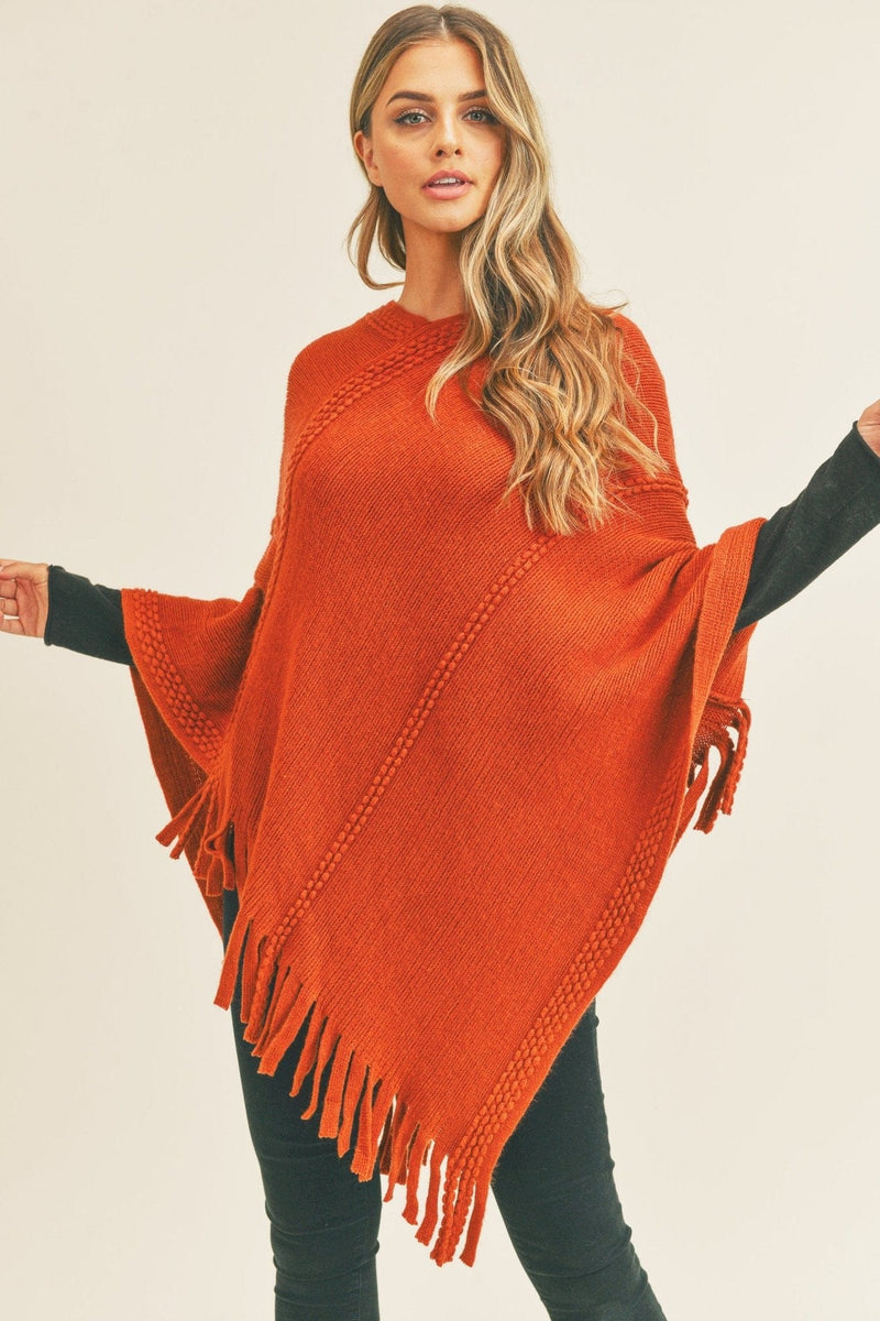 MS0272 Sandy Embossed Line Tassel Poncho - MiMi Wholesale