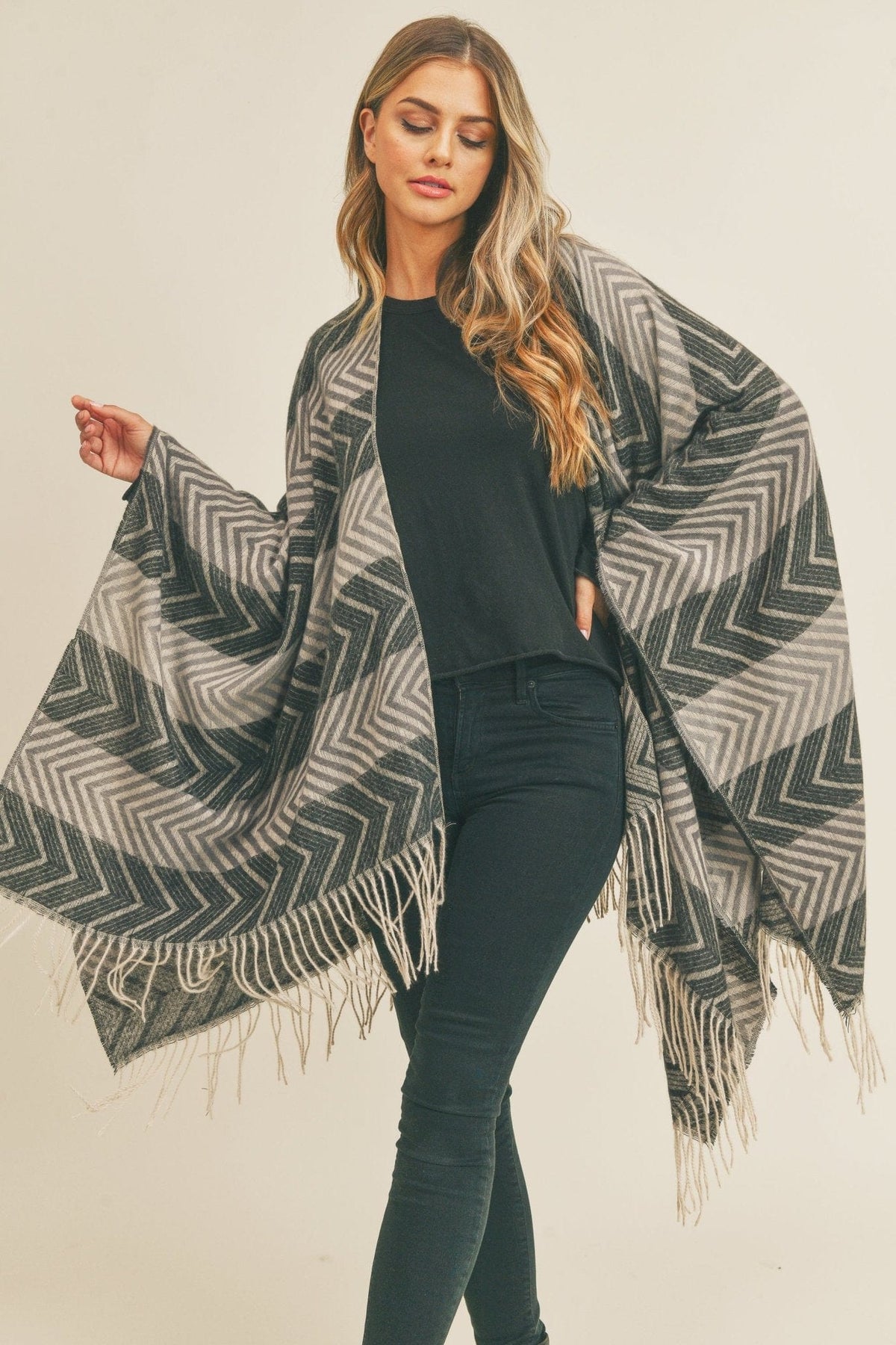 MS0273 Juliette Striped Chevron Tassel Ruana - MiMi Wholesale