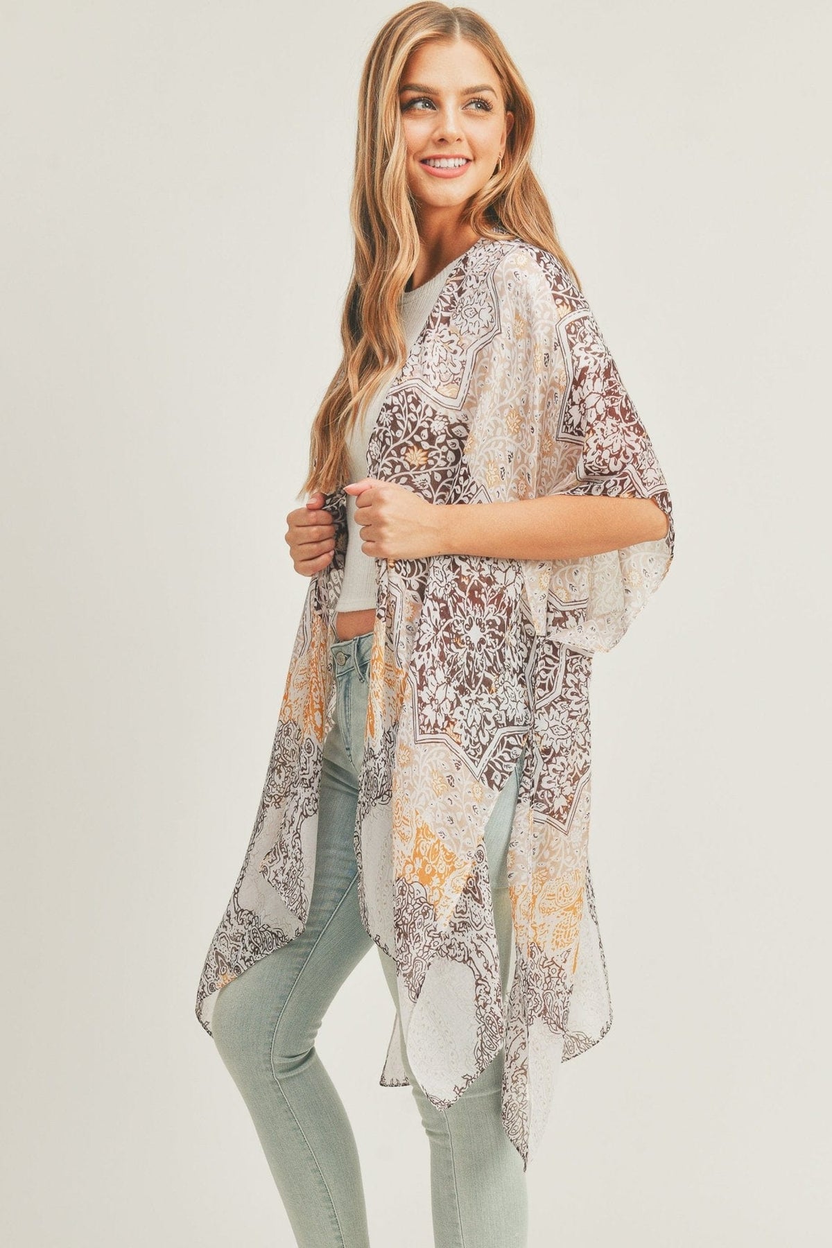 MS0286 Leena Mixed Print Kimono - MiMi Wholesale