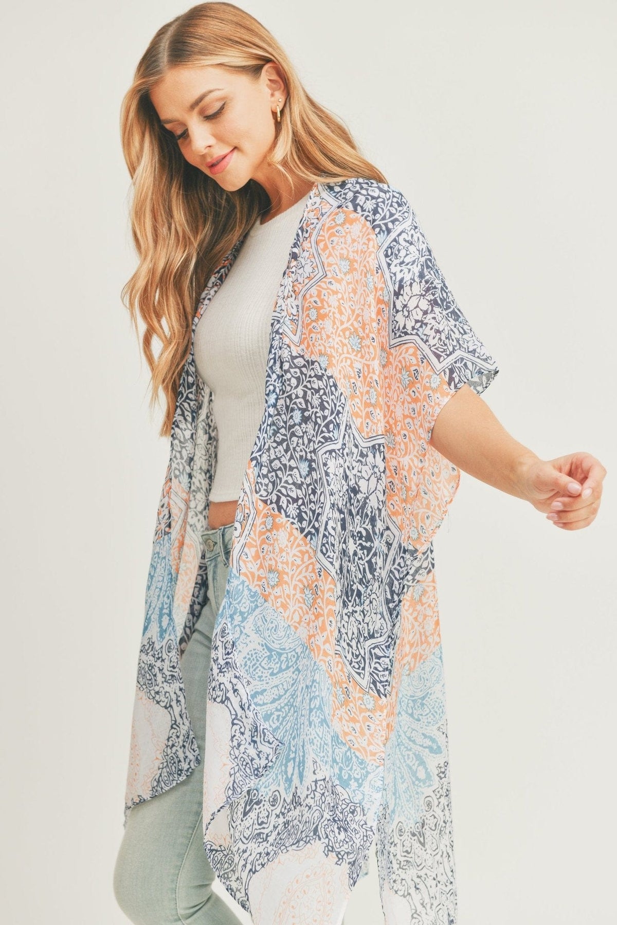 MS0286 Leena Mixed Print Kimono - MiMi Wholesale