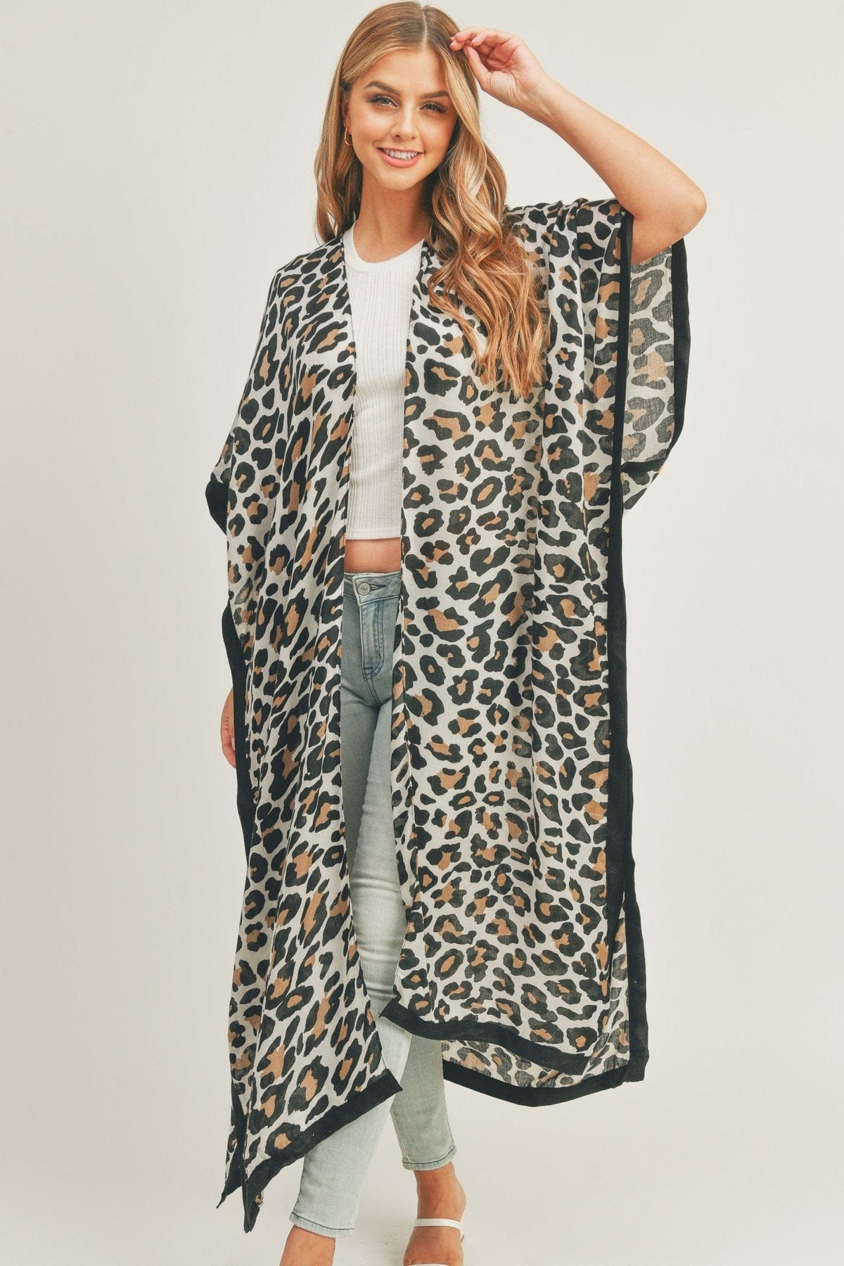 MS0295(BE) Long Leopard Kimono - MiMi Wholesale