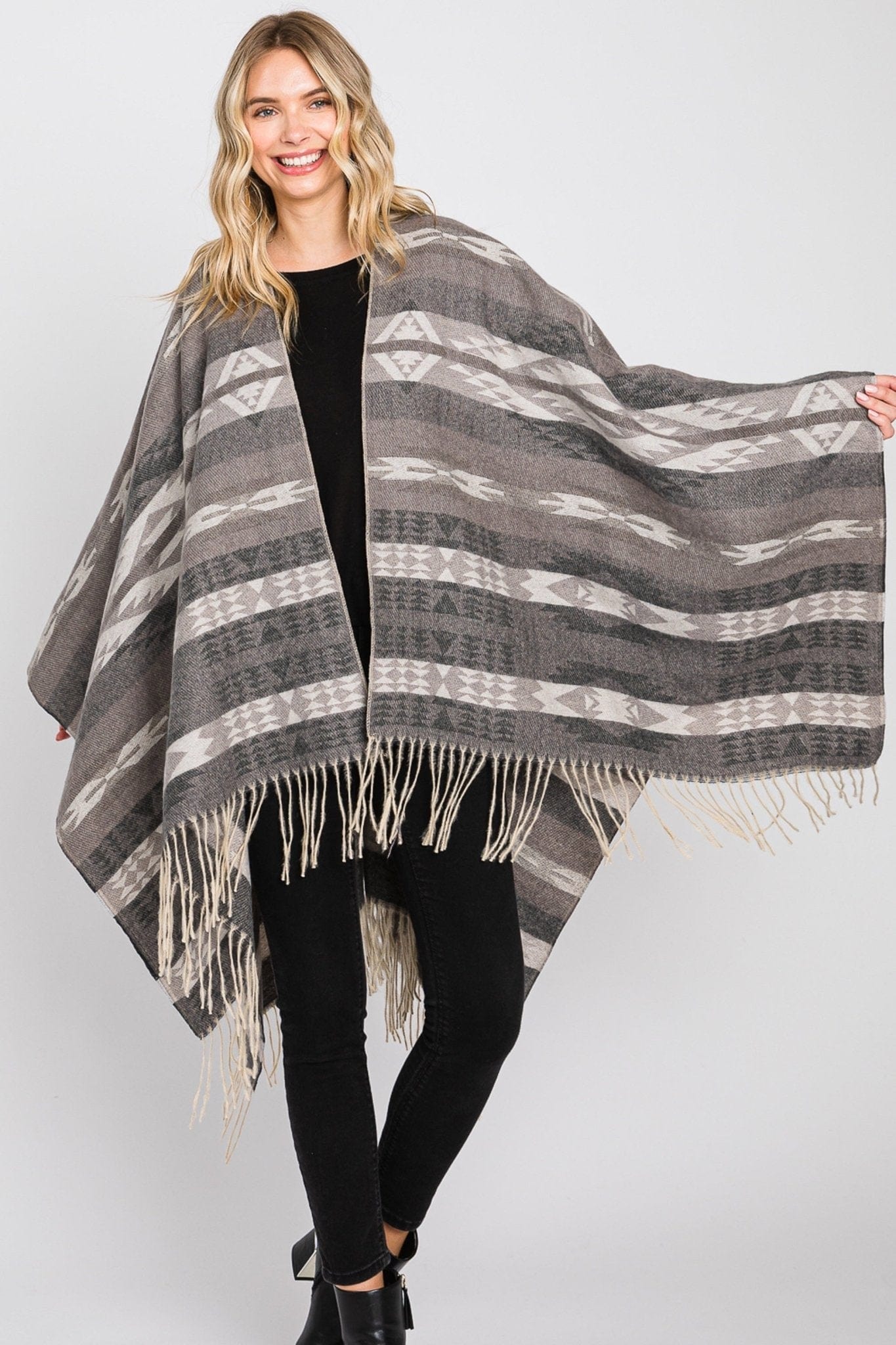 Aztec Ruana MS0311 Andrea Aztec Print Fringe Ruana