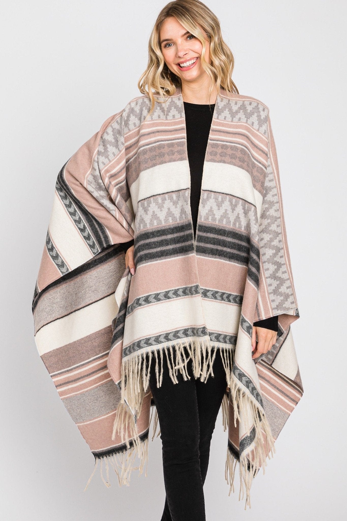 Aztec Ruana MS0312 Camila Aztec Print Fringe Ruana