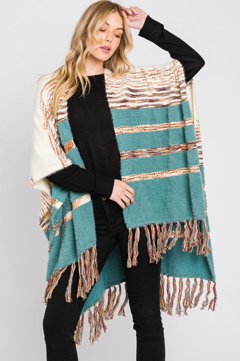 MS0324 Hazel Striped Fringe Ruana - MiMi Wholesale