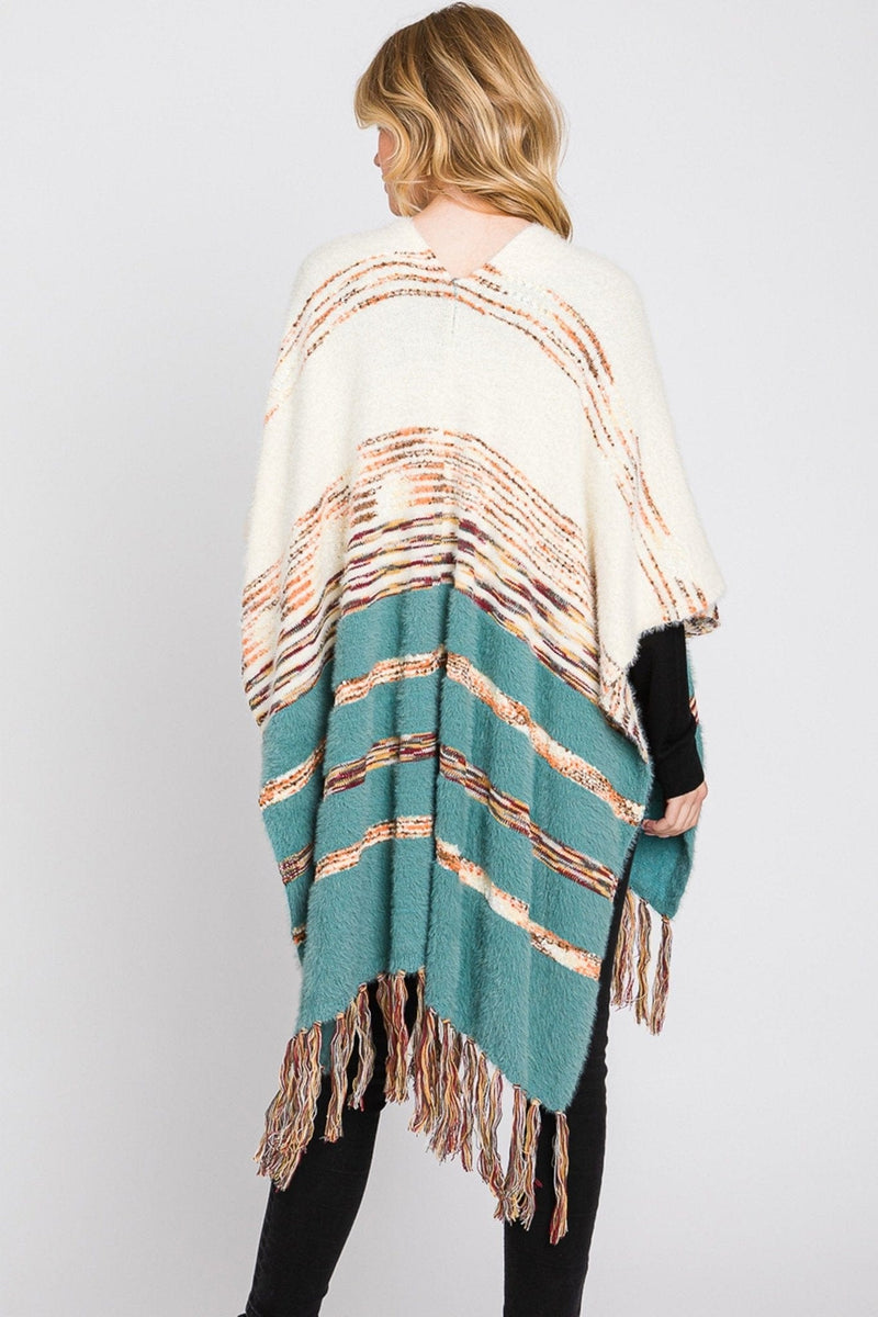 MS0324 Hazel Striped Fringe Ruana - MiMi Wholesale